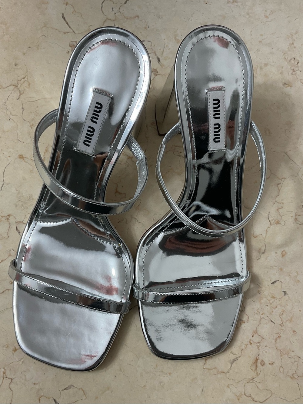 Miu Miu Metallic Silver Two-Strap Block Heel Sandals